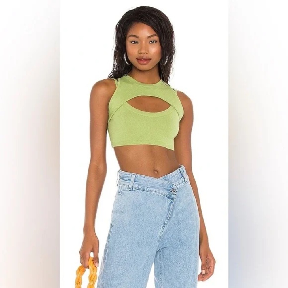 Danielle Guizio Green Knit Arched Cut-Out Crop Tank Size S Festival Coachella